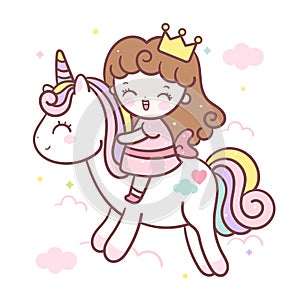 Cute Unicorn vector princess cartoon, little girl Kawaii character, pony child sweet pastel color