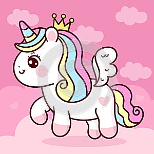 Cute Unicorn vector Princess Pegasus fly on pastel sky with sweet cloud and heart pony cartoon kawaii animals background