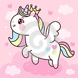 Cute Unicorn vector princess pegasus fly on pastel sky with sweet cloud and heart pony cartoon kawaii animals background Valentine