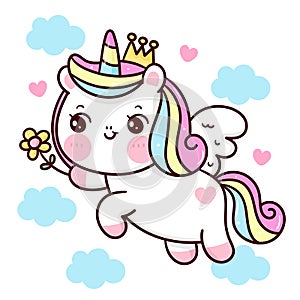 Cute Unicorn vector Princess Pegasus holding flower with sweet cloud and heart pony cartoon kawaii animals background