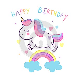 Cute Unicorn vector on rainbow, Happy birthday party, Kawaii animal pony cartoon