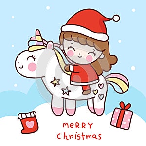 Cute unicorn vector santa claus girl ride pony merry christmas kawaii cartoon x mas festival happy new year