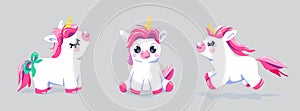 Cute unicorn vector set background. Baby fairy animal pony illustration in cartoon style for girl kid print. Character