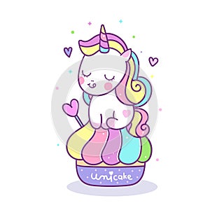 Cute Unicorn vector with sweet cupcake cartoon. Muffin isolated on white background. Yummy dessert, Birthday party