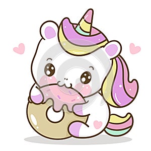 Cute Unicorn vector with yummy dont pony cartoon sweet dessert cafe shop