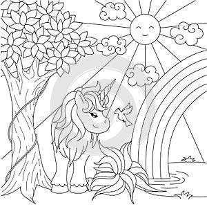 Cute unicorn watching rainbow on the pond for design element and coloring book page. Vector illustration