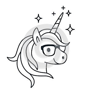 Cute unicorn wearing eyeglasses single color outline illustration. Simple line doodle icon, coloring book page. Magic, fantasy, e