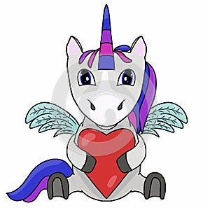 Cute unicorn with wings and heart, clipart