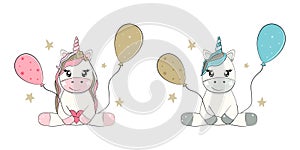 Cute unicorns boy and girl. Birthday party, baby shower. Vector illustration.