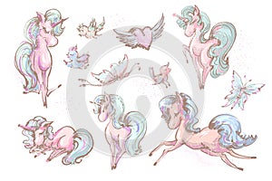 Cute unicorns , butterflies and birds collection , vector sketchy illustration set of little unicorns