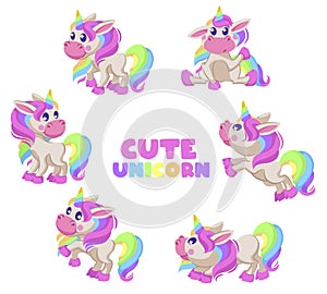 Cute unicorns. Cartoon fairy baby pony in various postures, funny magic horse with horn and rainbow mane isolated vector