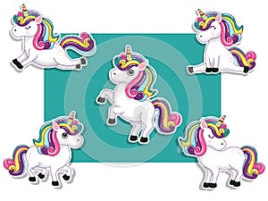 Cute Unicorns Cartoon Sticker Set. Vector Illustration With Cartoon Happy Animal