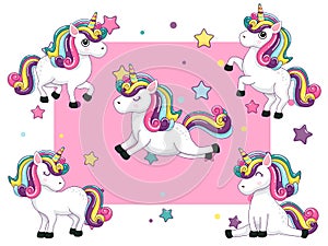 Cute Unicorns Characters Cartoon Set. Vector illustration With Cartoon Happy Animal