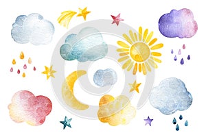 Cute unicorns collection. Collection with watercolor clouds,stars sun and moon. Pastel colors