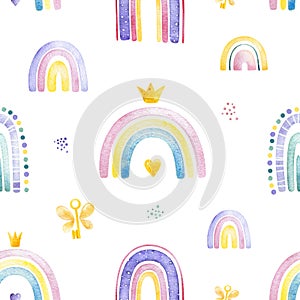 Cute unicorns collection. Seamless lovely texture with watercolor rainbows and keys. Pastel colors