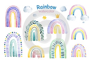 Cute unicorns collection. Watercolor set with rainbows and clouds