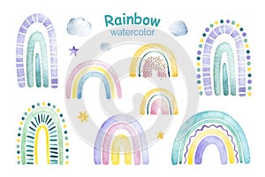 Cute unicorns collection. Watercolor set with rainbows and clouds