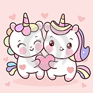 Cute Unicorns couple vector with heart sweet pony cartoon pastel background Valentines day lover