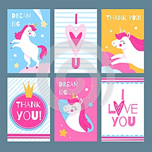 Cute unicorns. Magic animals with greeting text postcards collection, sweet fairy horses with pink manes, stars and