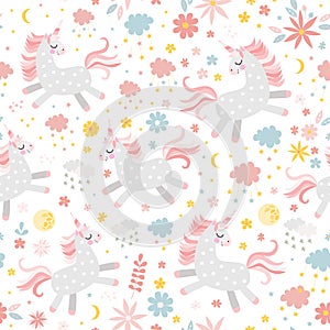 Cute unicorns with pink manes and tails. Seamless pattern with unicorns, flowers, clouds and stars. Print for baby fabric