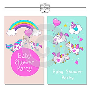 Cute unicorns on the rainbow. Little unicorns on clouds. Baby shower party.