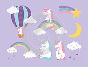 Cute unicorns rainbows cloud air balloon star moon fantasy cartoon set