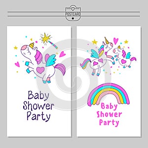 Cute unicorns, rainbows and a magic wand. Baby shower party.