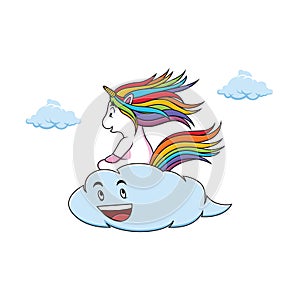 Cute unicorns are riding clouds