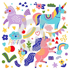 Cute unicorns set in cartoon style vector illustration