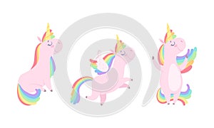 Cute Unicorns Set, Lovely Pink Baby Unicorn with Rainbow Mane in Various Poses Cartoon Vector Illustration