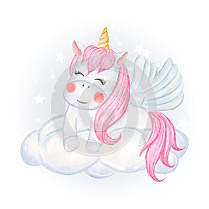 Cute unicorns sitting on the clouds watercolor illustration