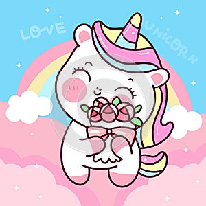 Cute Unicorns vector holding rose flower with rainbow kawaii animals sweet pony cartoon pastel background Valentines day lover