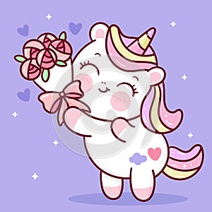 Cute Unicorns vector holding rose flower sweet pony cartoon pastel background Valentines day lover gifts