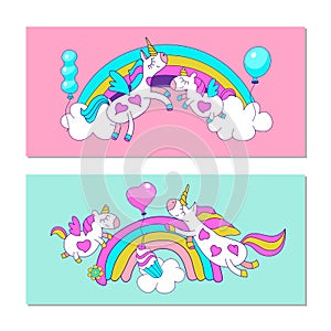 Cute unicorns with wings, mom and kid on rainbow with balloon. Baby shower party.