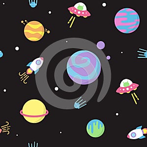 Cute universe pattern with planets and UFO