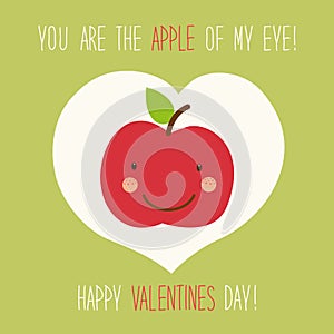 Cute unusual hand drawn Valentines Day card with funny cartoon character of apple