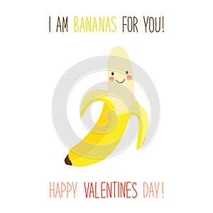 Cute unusual hand drawn Valentines Day card with funny cartoon character of banana