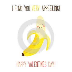 Cute unusual hand drawn Valentines Day card with funny cartoon character of banana