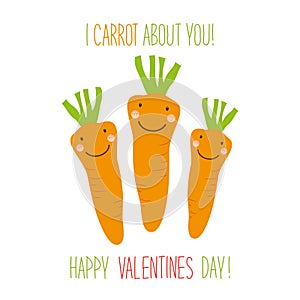 Cute unusual hand drawn Valentines Day card with funny cartoon characters of carrots