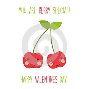 Cute unusual hand drawn Valentines Day card with funny cartoon characters of cherries