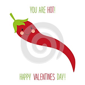 Cute unusual hand drawn Valentines Day card with funny cartoon characters of chili pepper