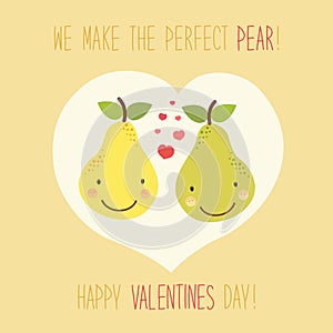 Cute unusual hand drawn Valentines Day card with funny cartoon characters of pear