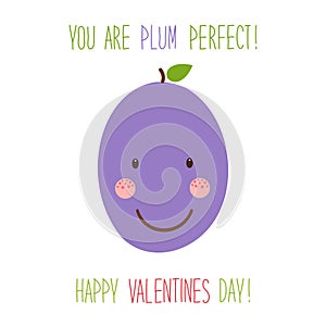 Cute unusual hand drawn Valentines Day card with funny cartoon characters of plum