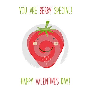 Cute unusual hand drawn Valentines Day card with funny cartoon characters of strawberry