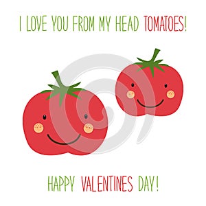 Cute unusual hand drawn Valentines Day card with funny cartoon characters of tomato