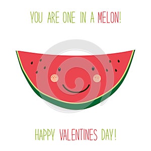 Cute unusual hand drawn Valentines Day card with funny cartoon characters of watermelon