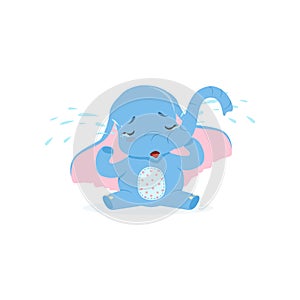 Cute upset baby elephant sitting and crying, funny jungle animal character vector Illustration