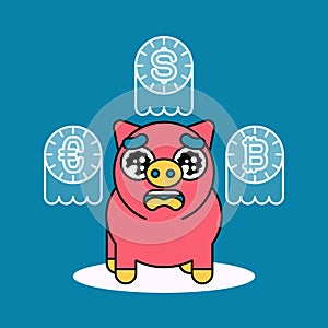 Cute upset piggy bank is losing money. Vector.