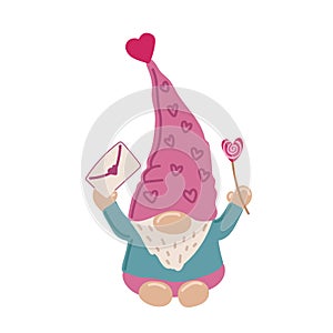 Cute Valentime Gnome with heart in red hat for Valentine s day cards, gifts, t-shirts, mugs, stickers, scrapbooking