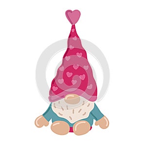 Cute Valentime Gnome with heart in red hat for Valentine s day cards, gifts, t-shirts, mugs, stickers, scrapbooking